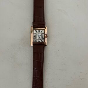 Brown Faux-Leather Strap Watch with Rose Gold-Tone Face